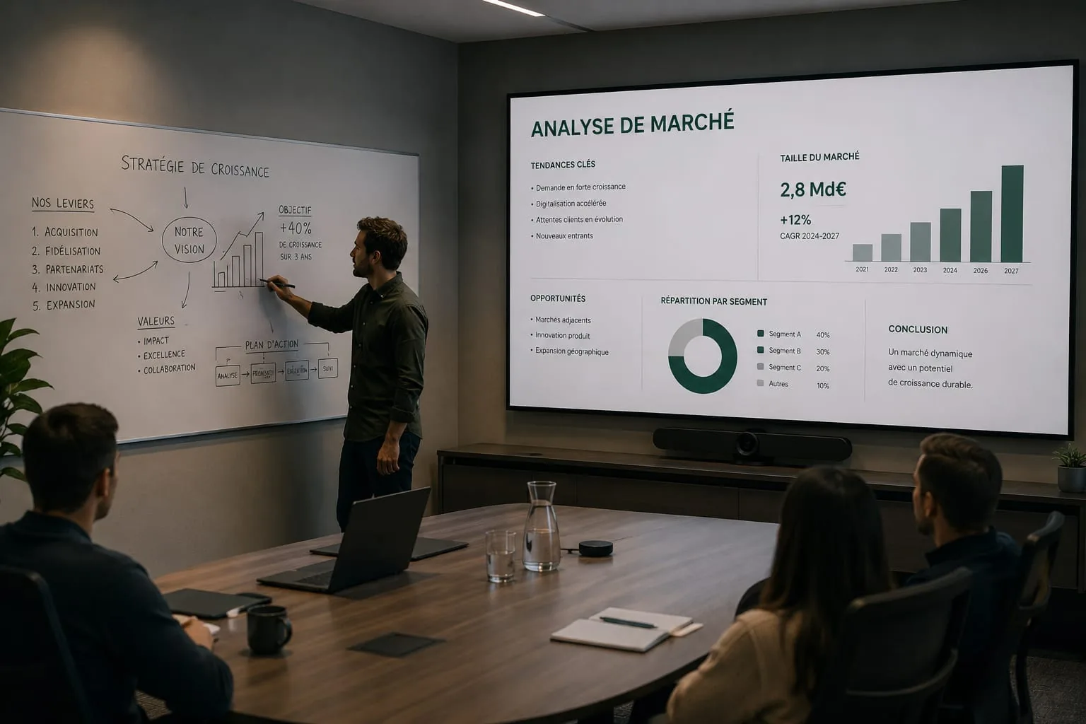 Réunion stratégique Corelis : whiteboard stratégie de croissance, analyse de marché, KPI et plan d'action