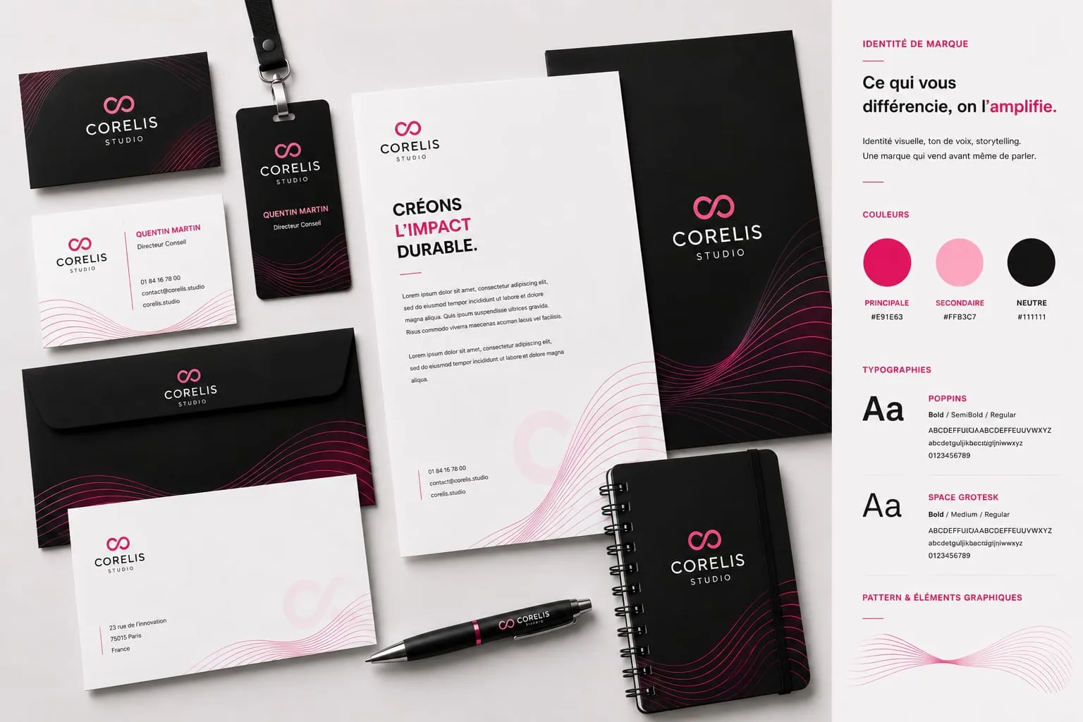 Identité de marque Corelis : papeterie, cartes de visite, badge, enveloppes, carnet, charte couleurs et typographies