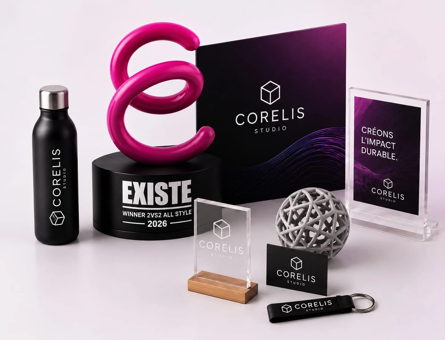 Mockup production Corelis : trophée Existe, bouteille, plaques acryliques, badges et porte-clés