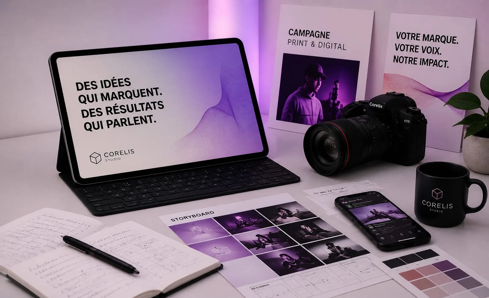 Mockup médias Corelis : tablette, appareil photo, storyboard, smartphone, mug et palette de couleurs